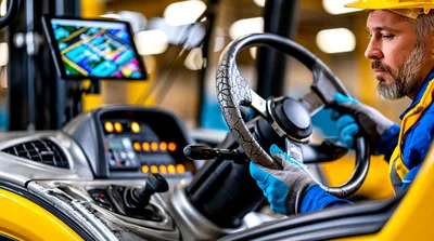 Forklift Operator Driving Heavy Machinery In Warehouse