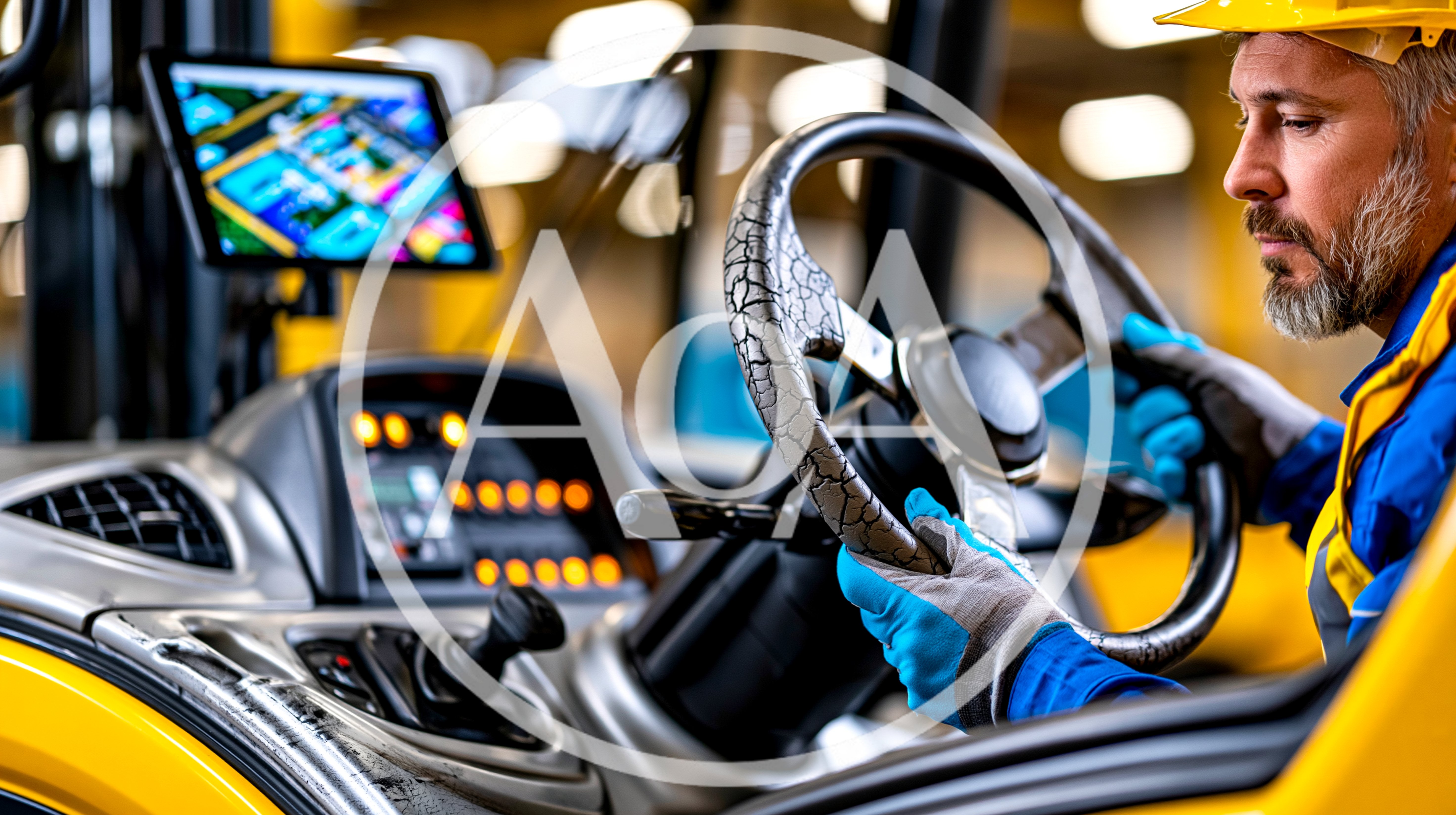 Forklift Operator Driving Heavy Machinery In Warehouse