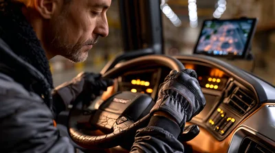 Truck Driver Wearing Gloves Operating Steering Wheel