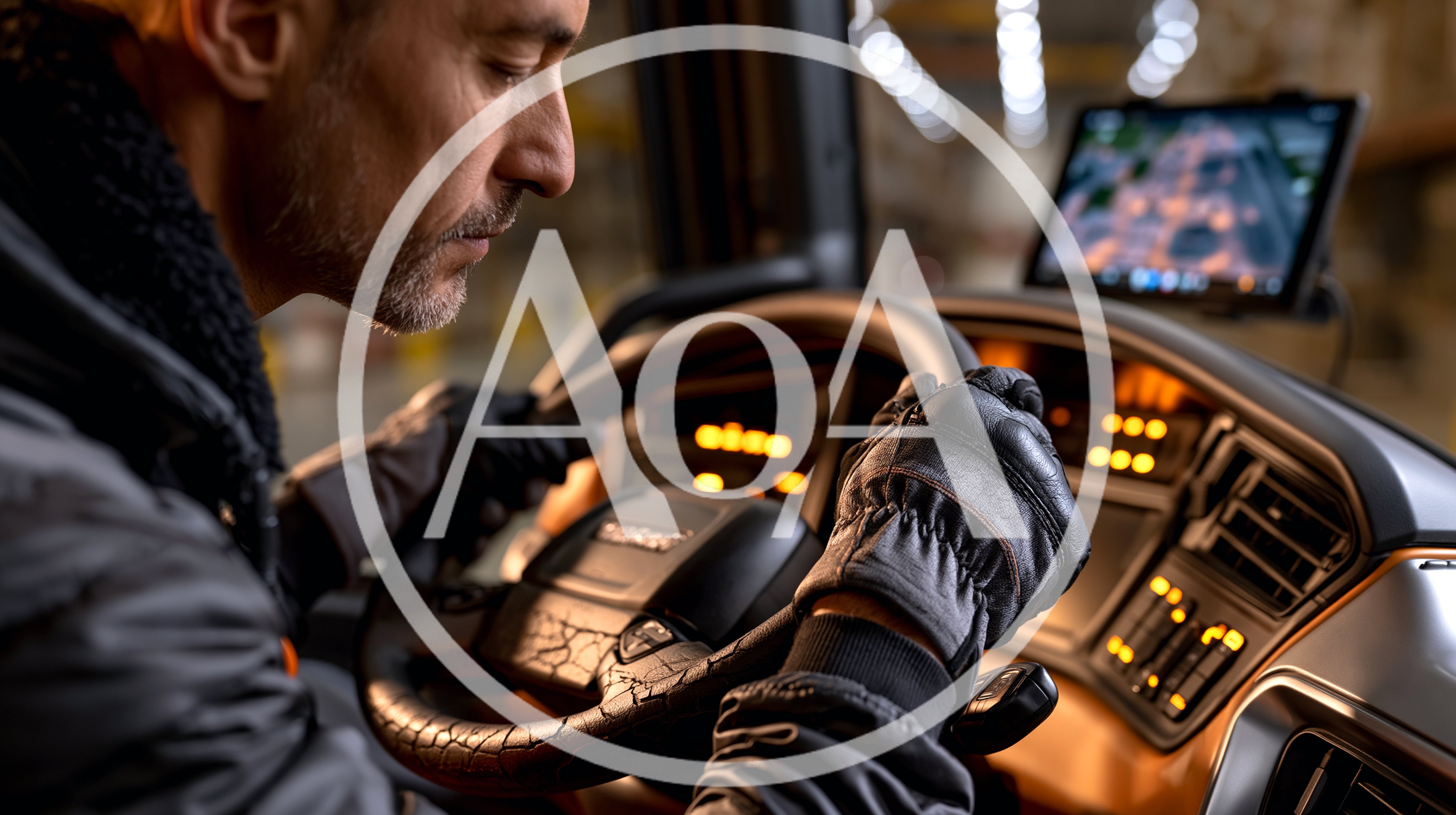 Truck Driver Wearing Gloves Operating Steering Wheel