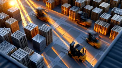 Forklifts Operating In A Busy Industrial Warehouse