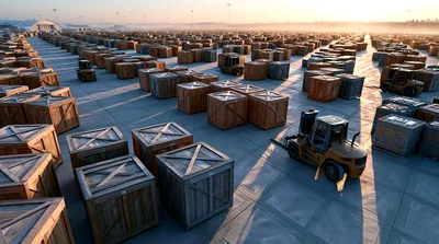 Forklifts Moving Wooden Crates In Industrial Storage Yard