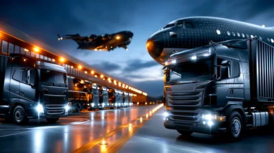 Logistics Hub With Cargo Trucks And Transport Aircraft