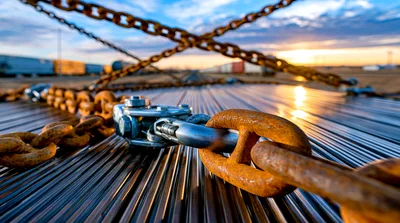 Rusty Chains Securing Steel Pipes on Freight Train