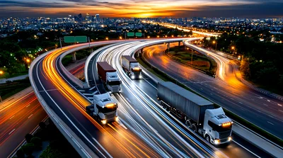 Semi Trucks Driving On Highway Interchange At Sunset