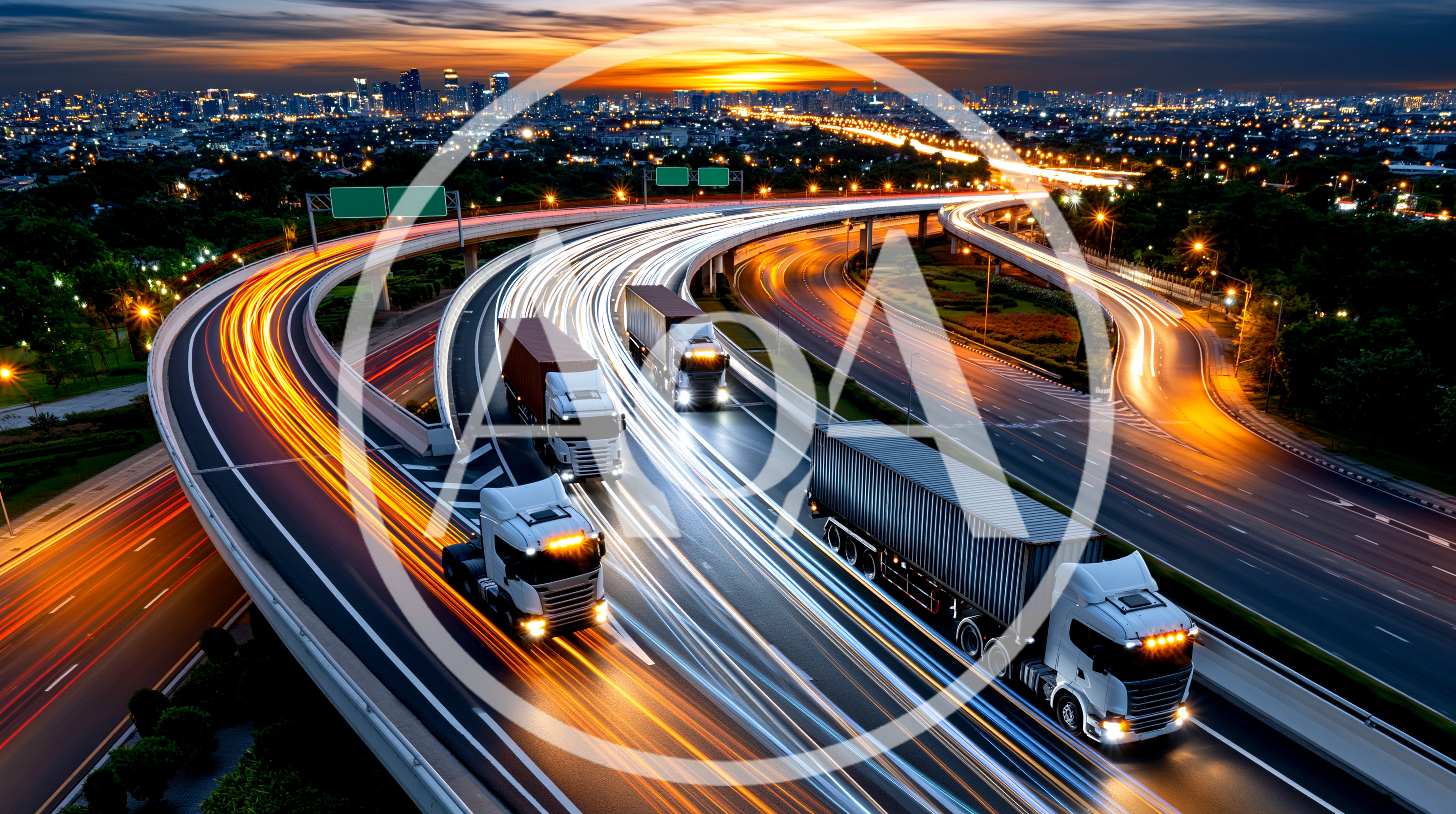 Semi Trucks Driving On Highway Interchange At Sunset