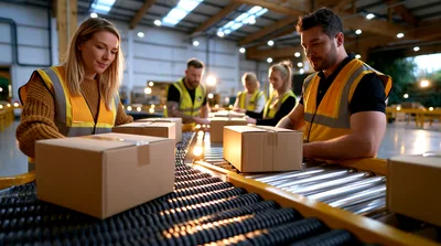 Warehouse Workers Processing Packages On Conveyor Belt