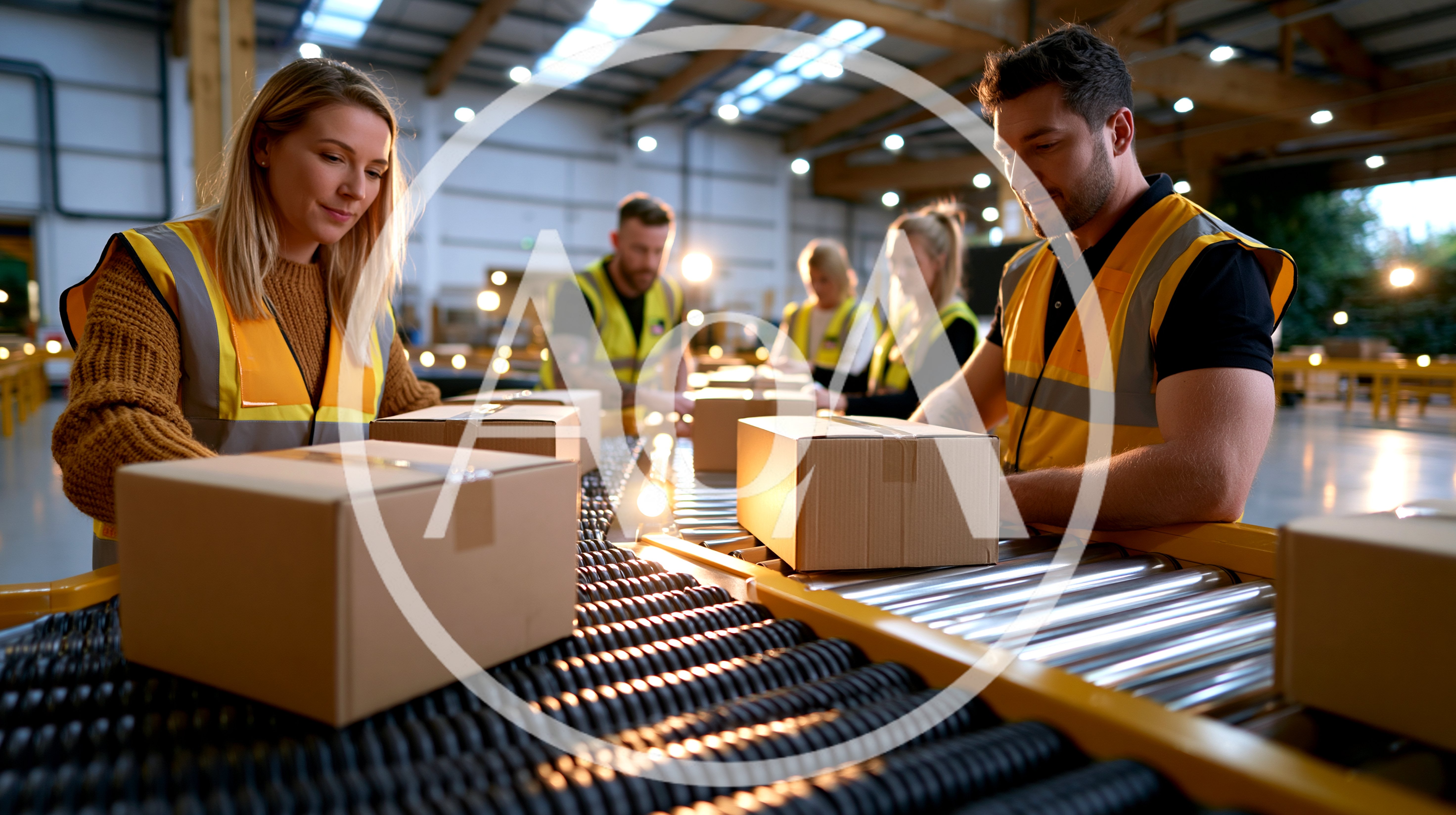 Warehouse Workers Processing Packages On Conveyor Belt