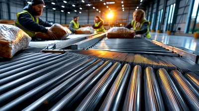 Warehouse Workers Processing Packages On Conveyor Belt