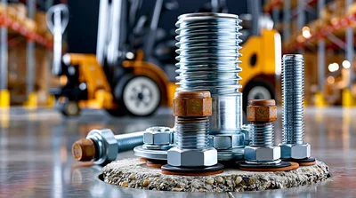 Industrial Bolts And Nuts On Concrete Floor