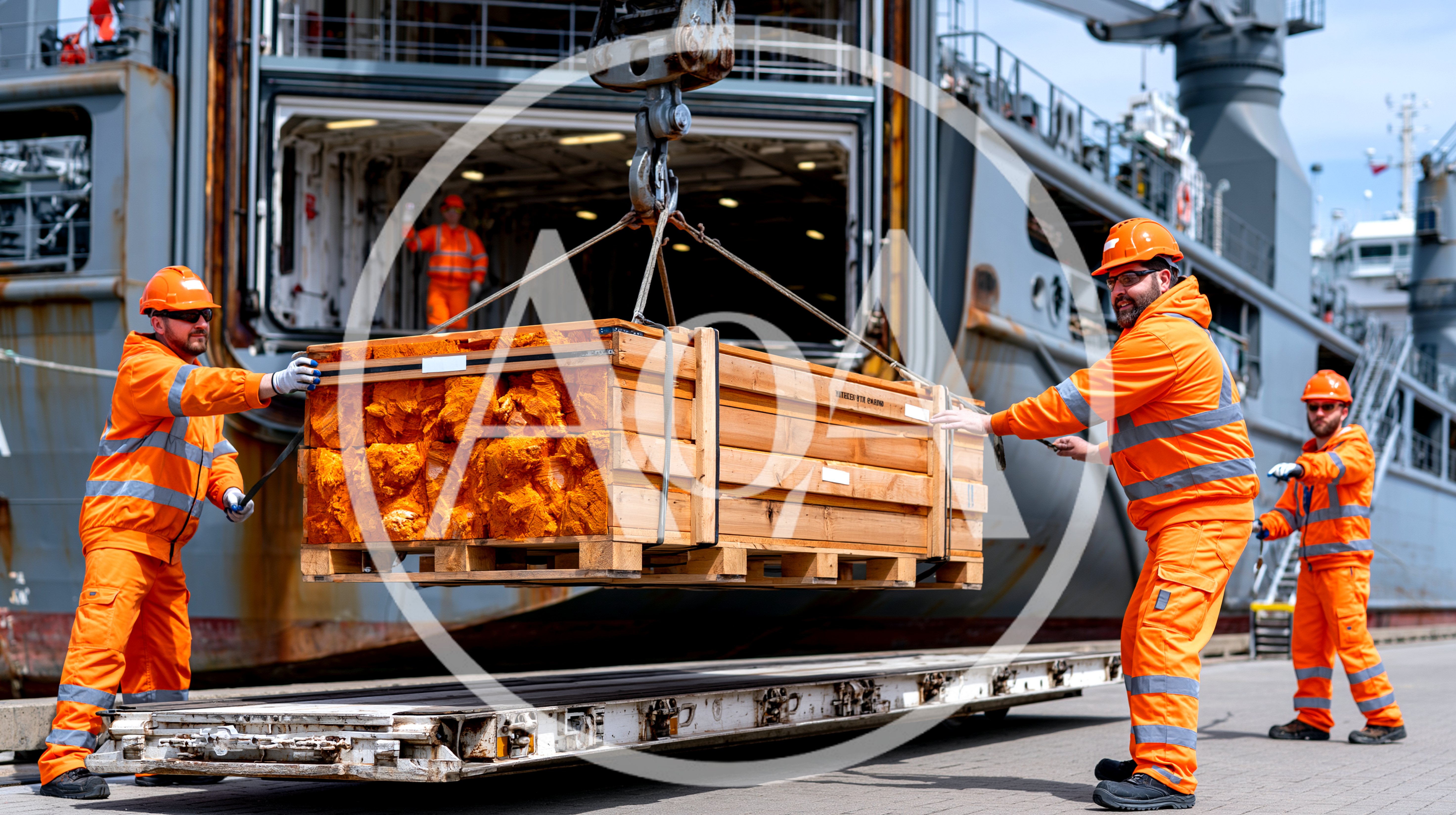 Dock Workers Loading Wooden Crate onto Ship