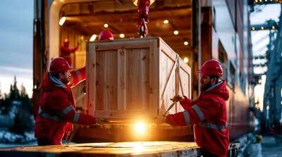 Dock Workers Loading Wooden Crate Onto Cargo Ship