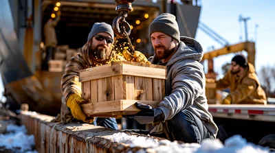 Dock Workers Loading Wooden Crate With Crane