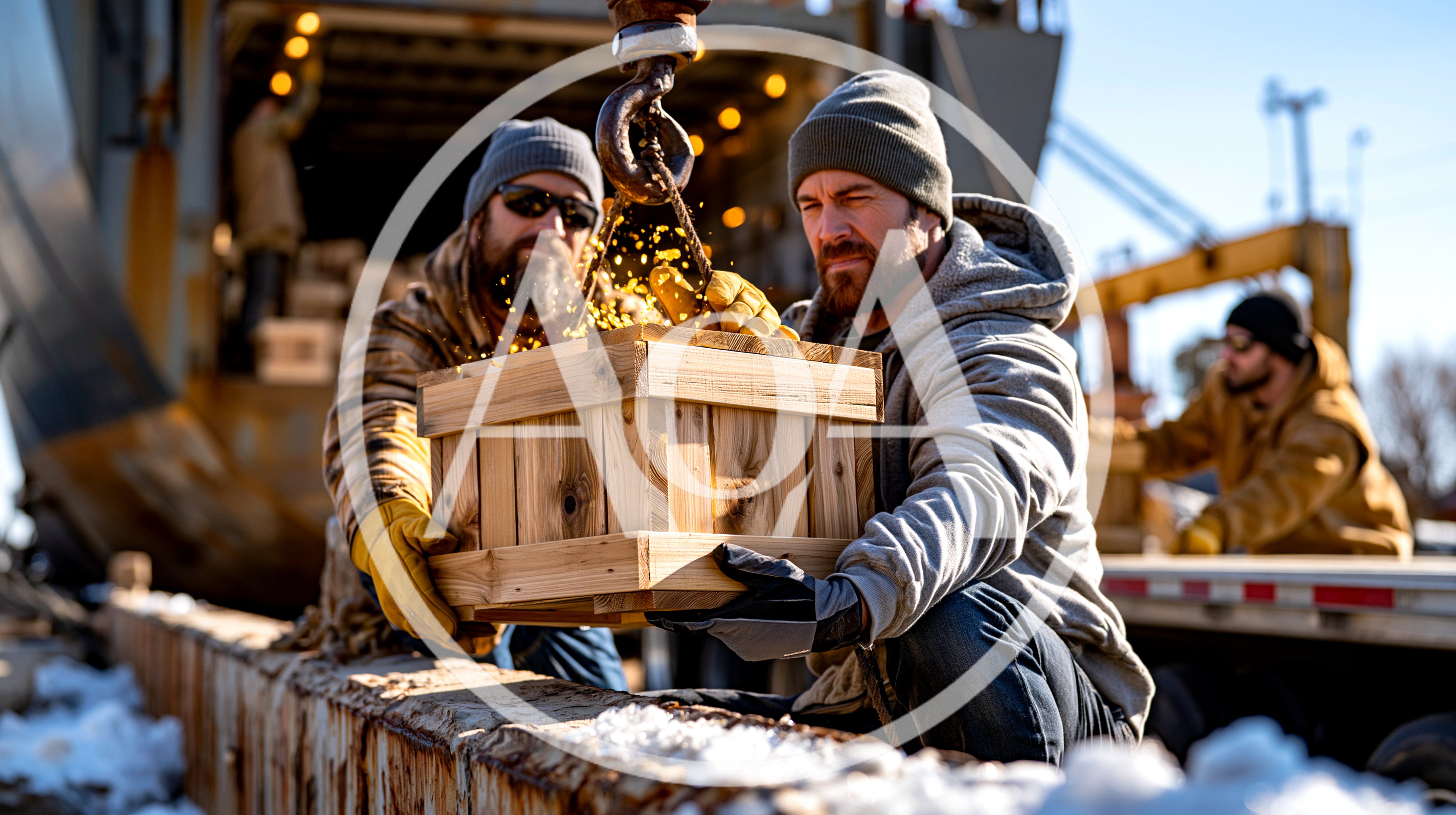 Dock Workers Loading Wooden Crate With Crane