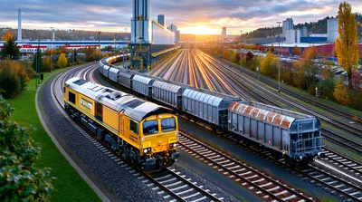 Yellow Freight Locomotive Pulling Cargo Train At Sunset