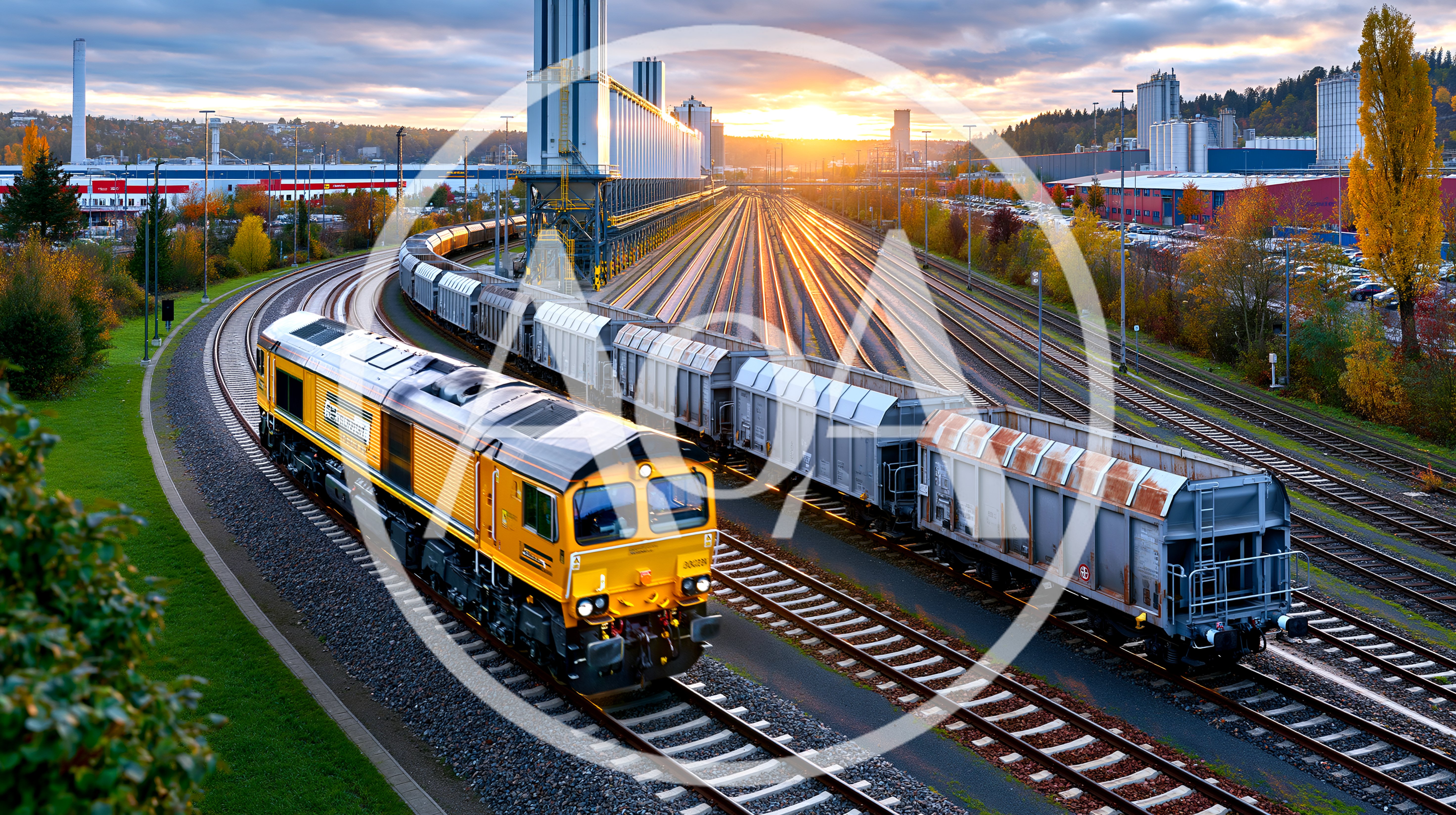 Yellow Freight Locomotive Pulling Cargo Train At Sunset