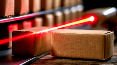 Laser Scanner Processing Cardboard Boxes On Conveyor Belt