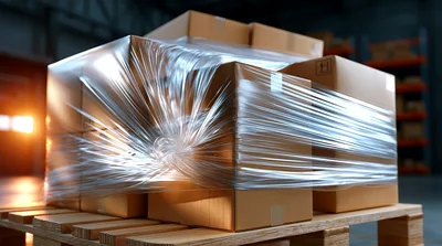 Cardboard Boxes Wrapped In Plastic On A Wooden Pallet