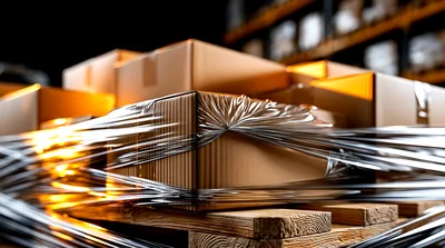 Cardboard Boxes Wrapped In Plastic Film On Wooden Pallet