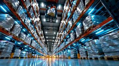 Automated Forklift Moving Pallets In High Bay Warehouse