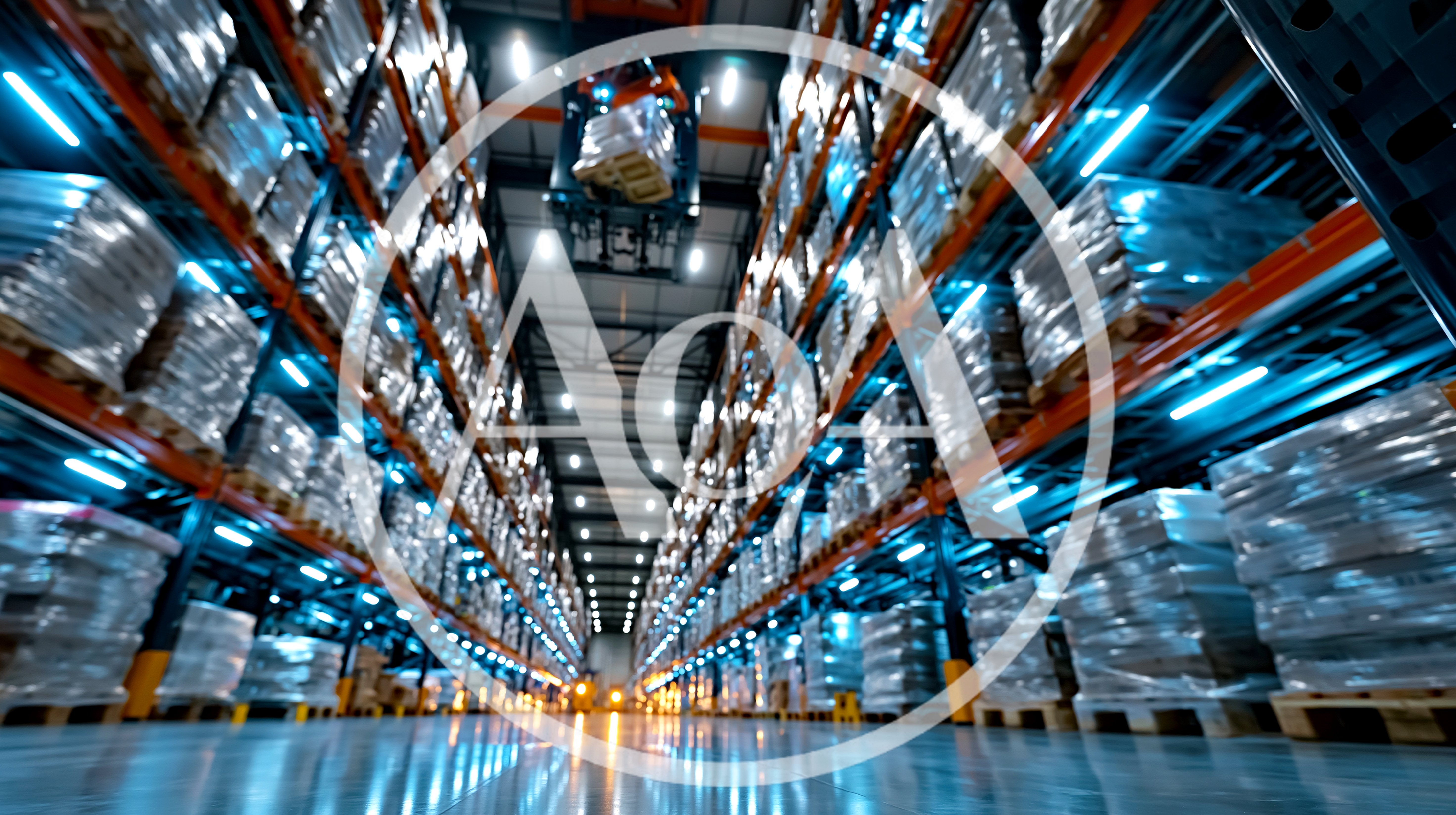 Automated Forklift Moving Pallets In High Bay Warehouse