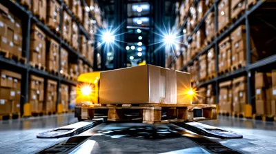 Forklift Carrying Cardboard Box In Warehouse Aisle