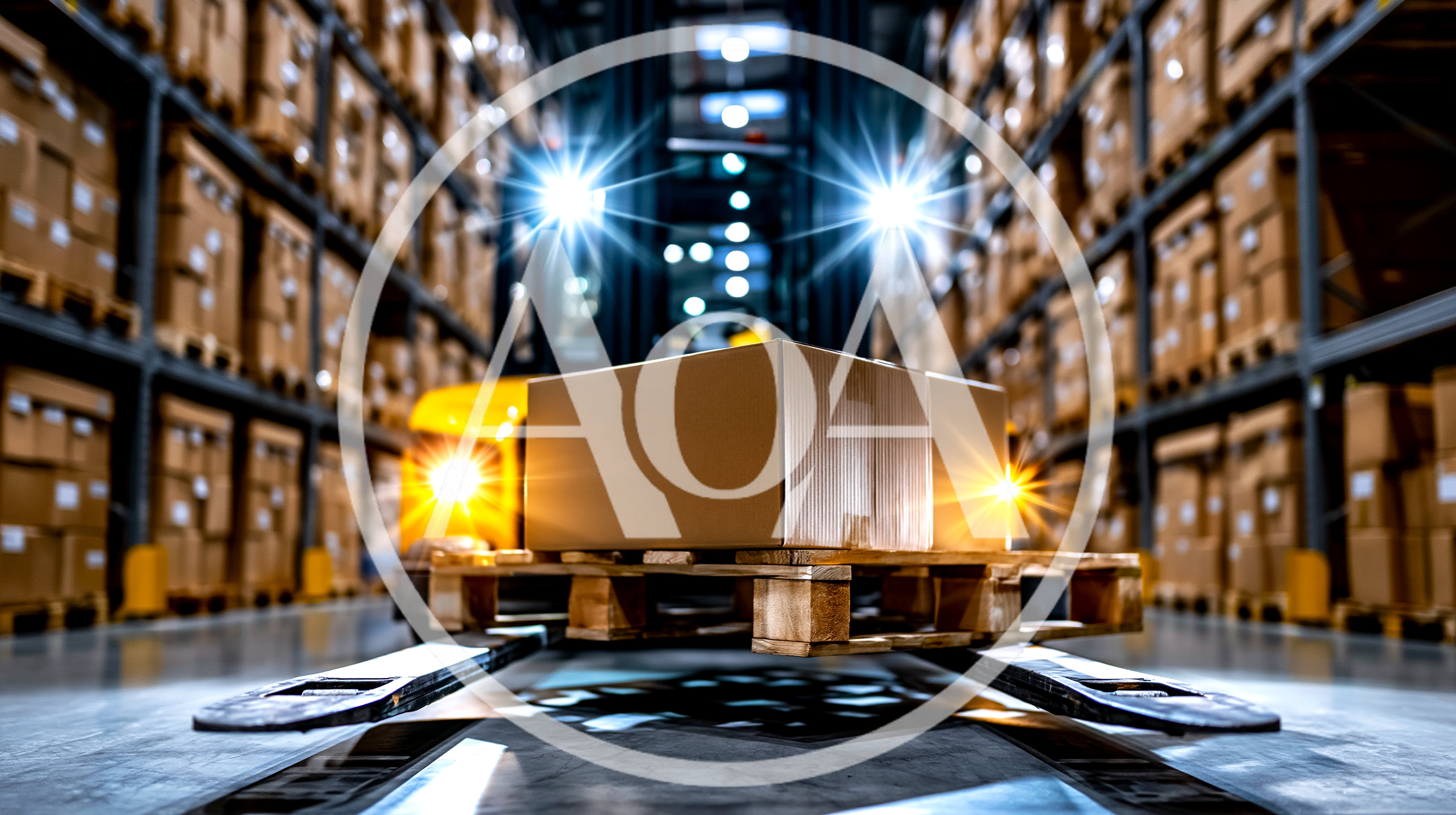 Forklift Carrying Cardboard Box In Warehouse Aisle
