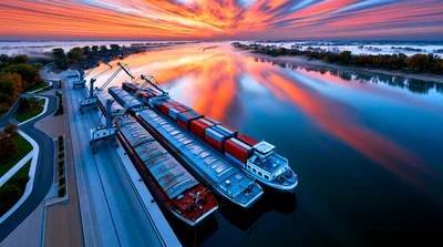 Cargo Barges Docked At River Port During Sunset