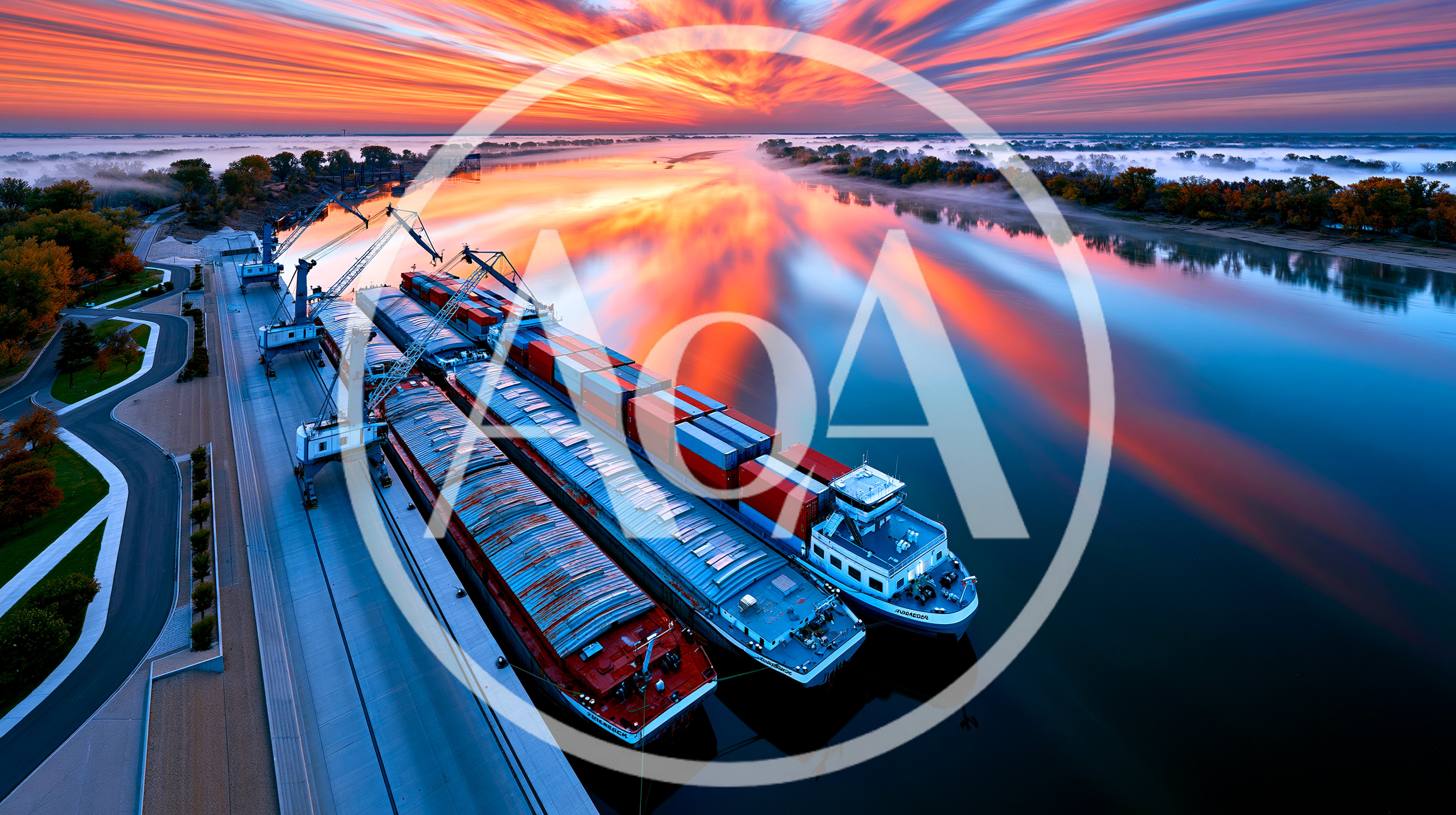 Cargo Barges Docked At River Port During Sunset