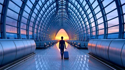 Businessman Walking Through Modern Airport Terminal At Sunset