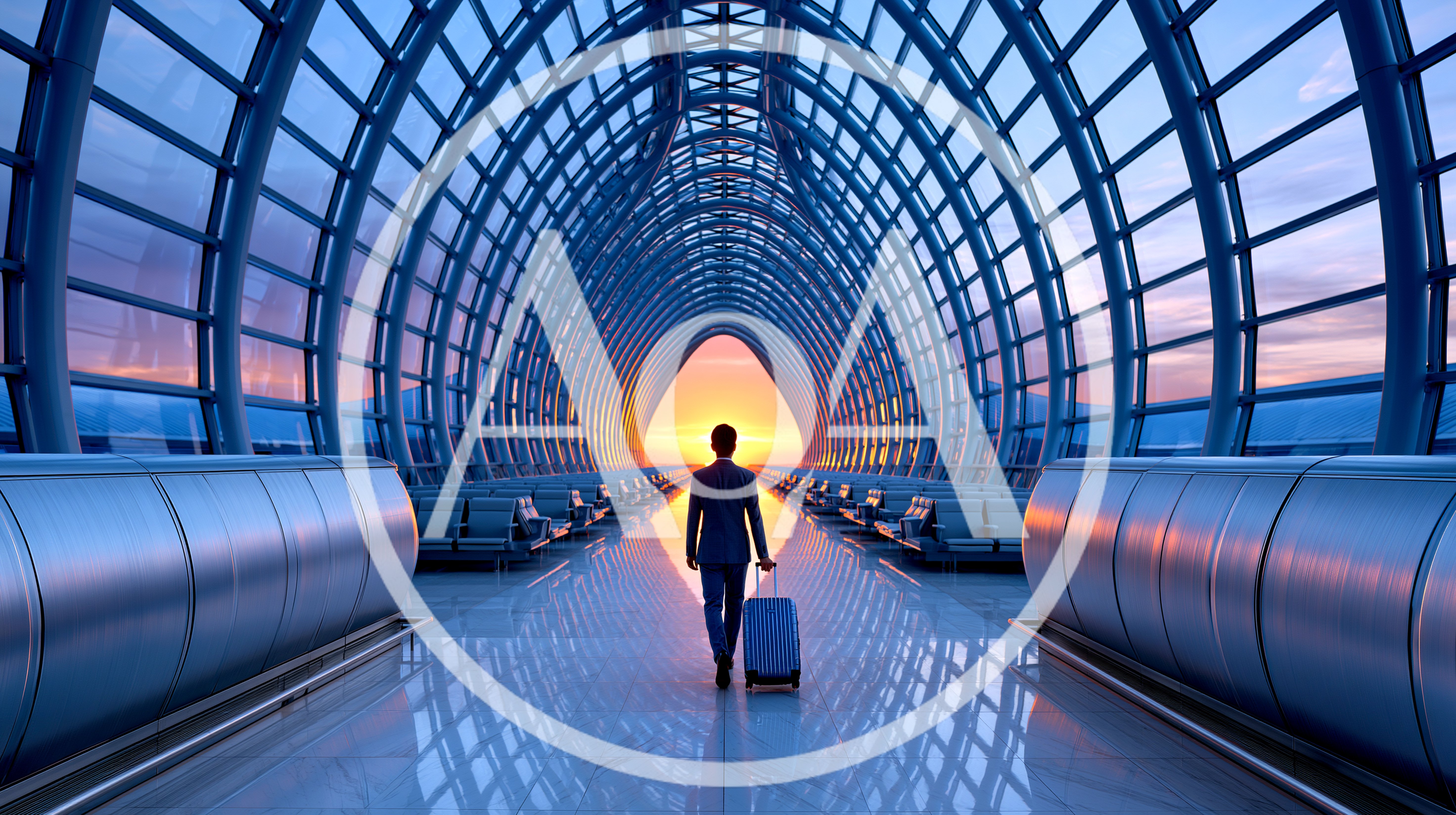 Businessman Walking Through Modern Airport Terminal At Sunset