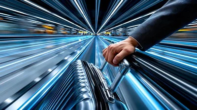 Business Traveler Pulling Suitcase Through High Speed Terminal