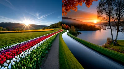 Surreal Split Screen Landscape With Tulips And Lake
