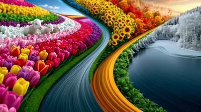 Surreal Landscape Featuring Four Seasons and Lambs