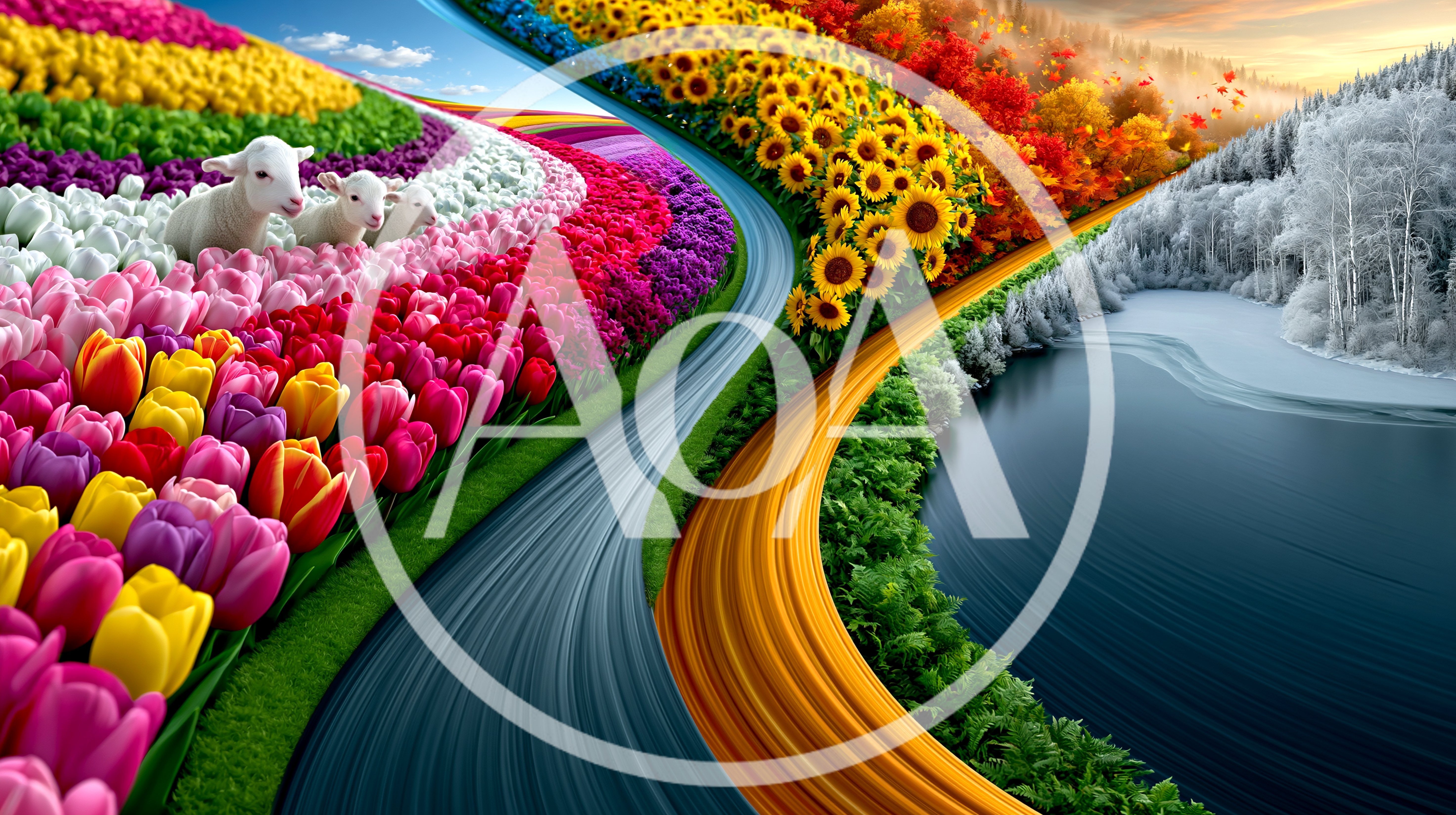 Surreal Landscape Featuring Four Seasons and Lambs