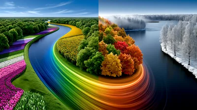Surreal Landscape Transitioning Through Four Seasons