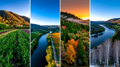 Four Seasons Landscape Collage Featuring River And Forest
