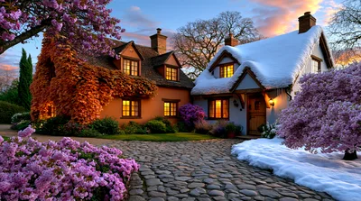 Surreal Split Season Cottage With Autumn And Winter