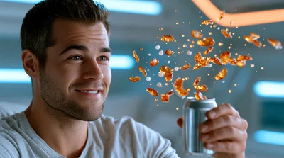 Man Watching Floating Cereal Exploding From Soda Can