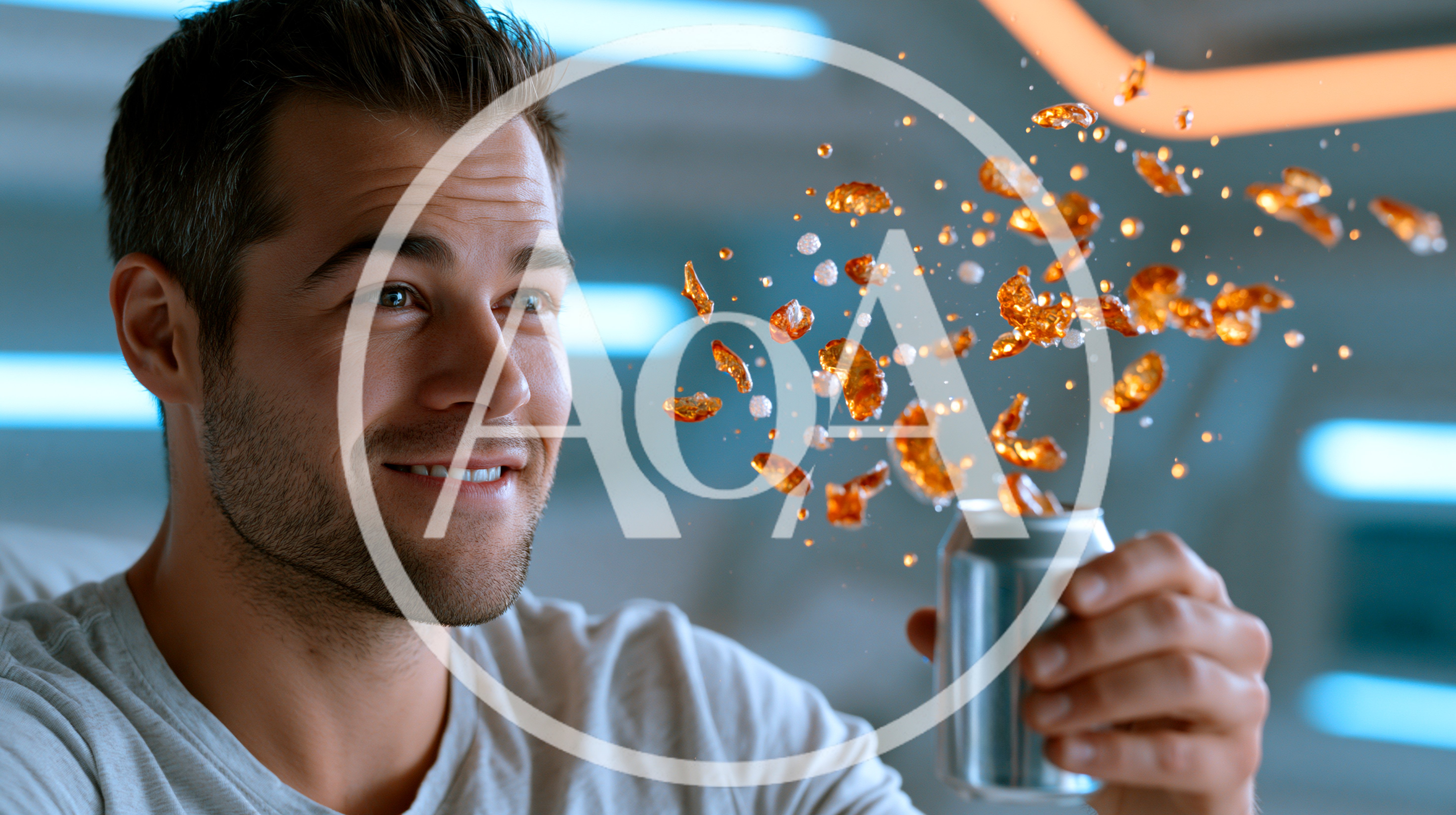 Man Watching Floating Cereal Exploding From Soda Can
