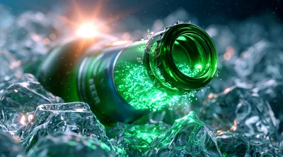 Green Beer Bottle Resting In Crushed Ice