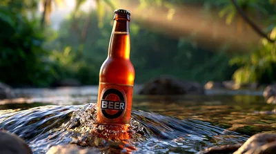 Beer Bottle Standing In A Flowing Tropical Stream