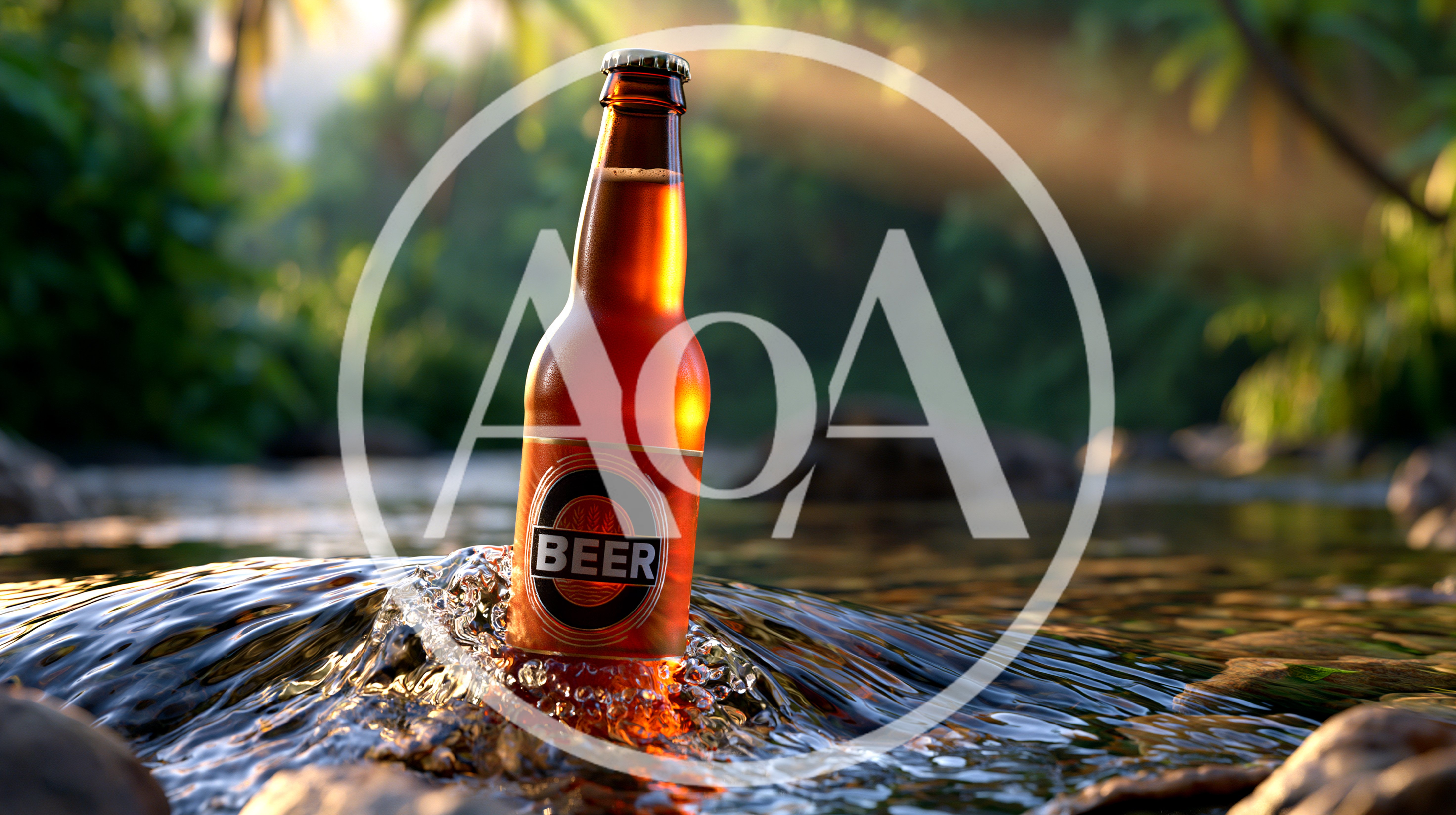Beer Bottle Standing In A Flowing Tropical Stream