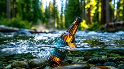 Beer Bottle Cooling In A Clear Mountain Stream