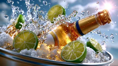 Beer Bottle In Ice Bucket With Lime Slices