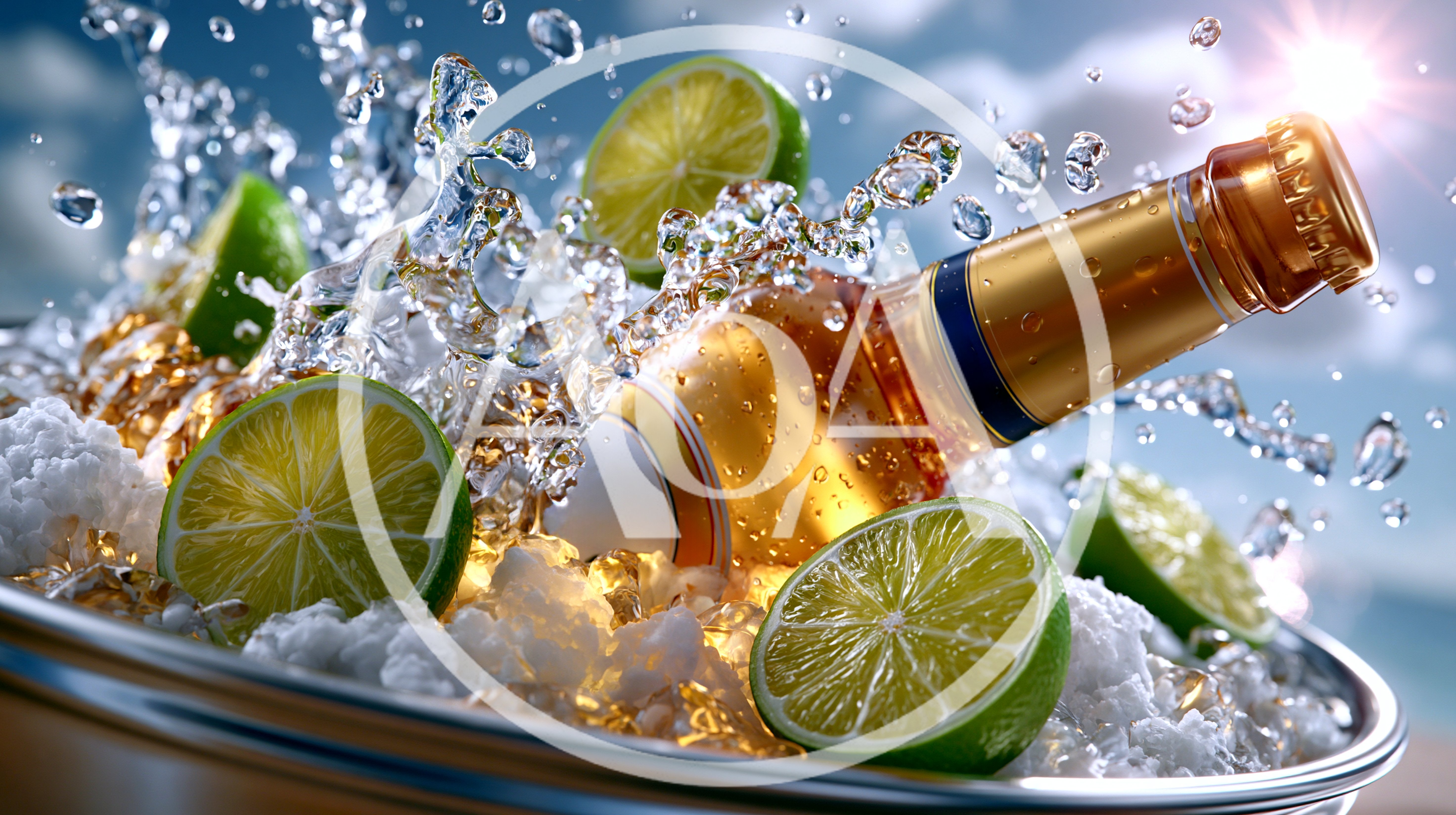 Beer Bottle In Ice Bucket With Lime Slices