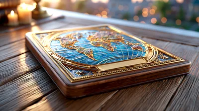 Ornate World Map Plaque on Wooden Table