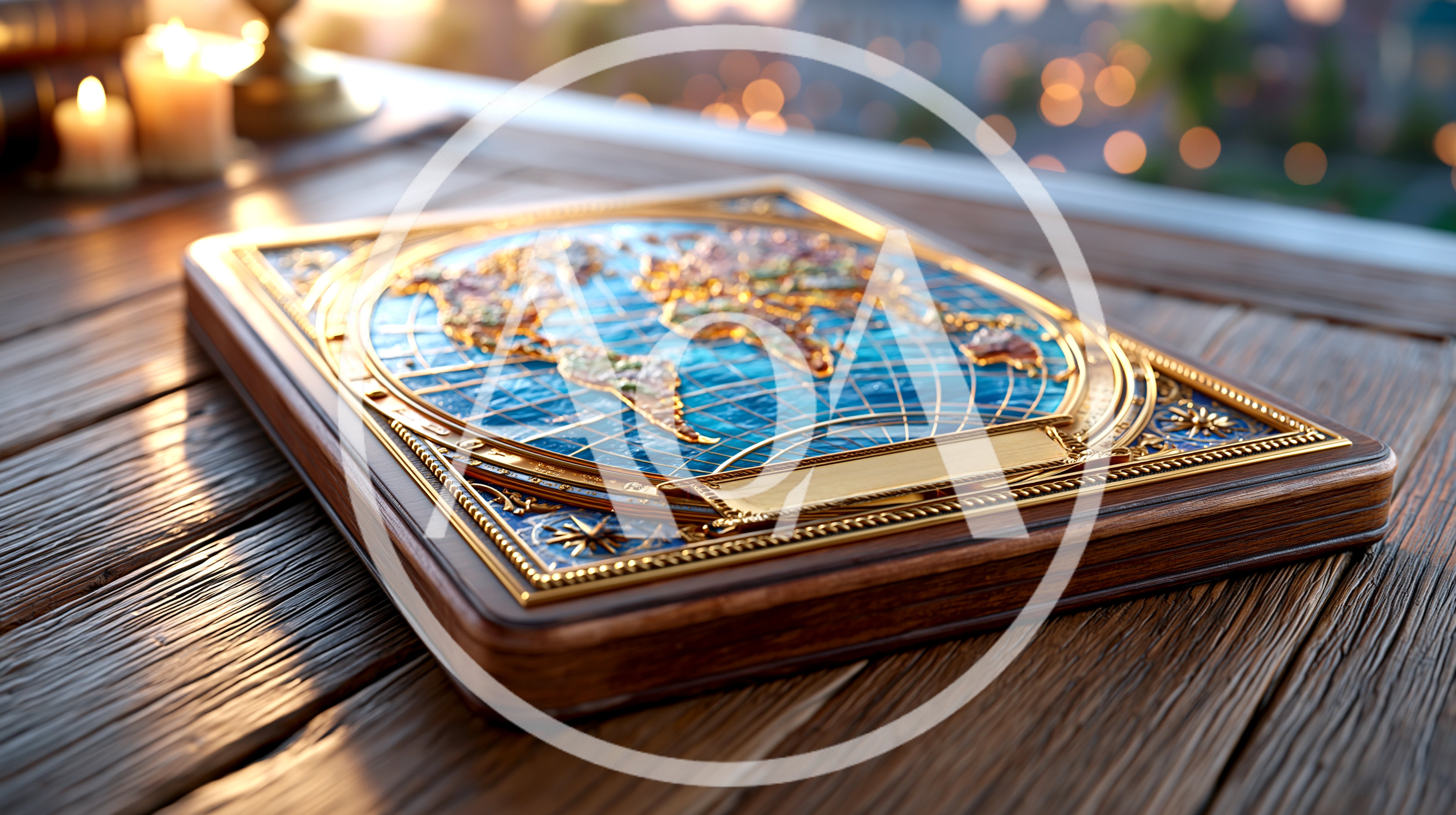 Ornate World Map Plaque on Wooden Table
