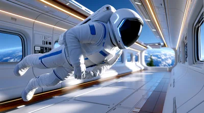 Astronaut Floating Inside Futuristic Space Station Corridor