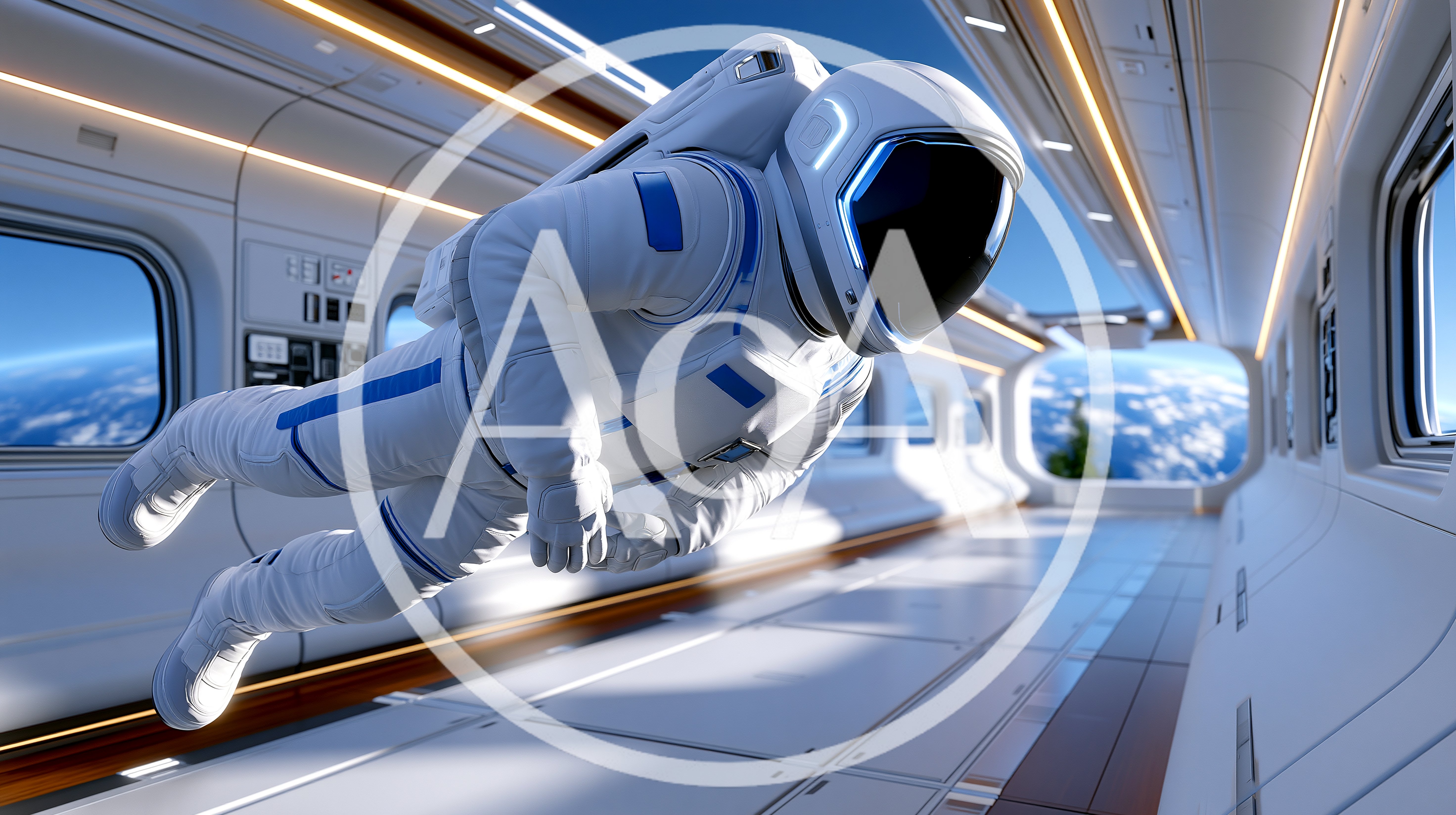 Astronaut Floating Inside Futuristic Space Station Corridor